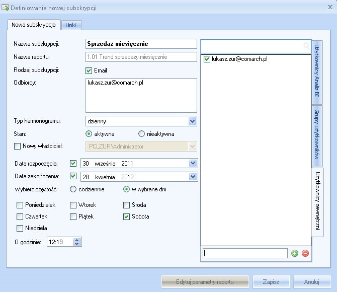 Comarch ERP Optima Business Intelligence - Definiowanie nowej subskrypcji