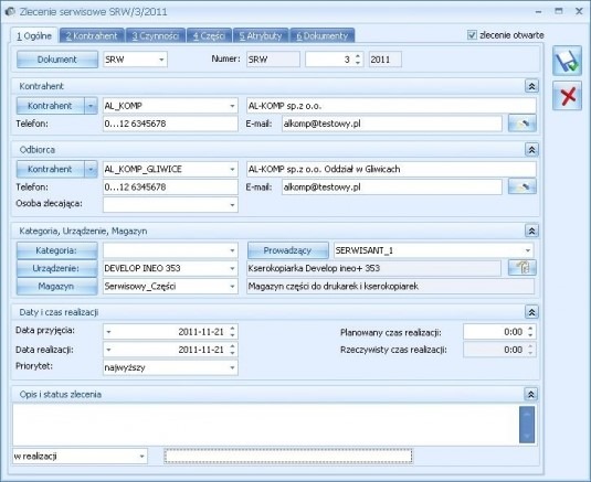 Comarch ERP Optima Serwis - Zlecenie serwisowania