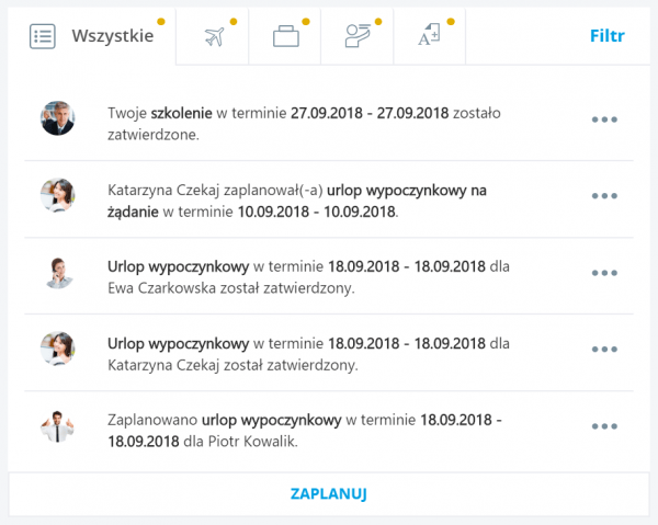 Panel powiadomień w nowej wersji aplikacji Comarch HRM 2018.8.1
