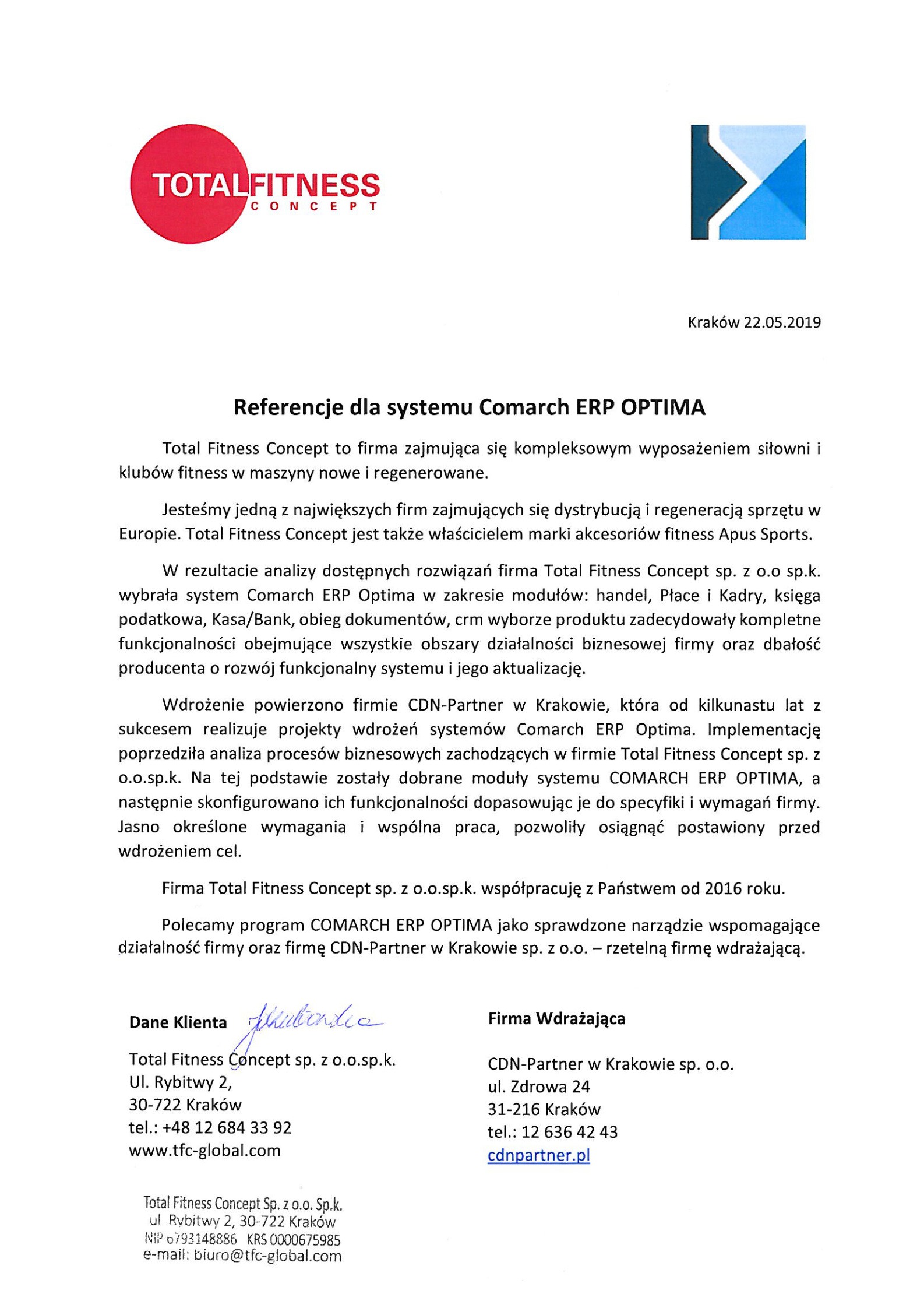 Referencje od firmy Total Fitness Concept – wdrożenie systemu Comarch ERP Optima