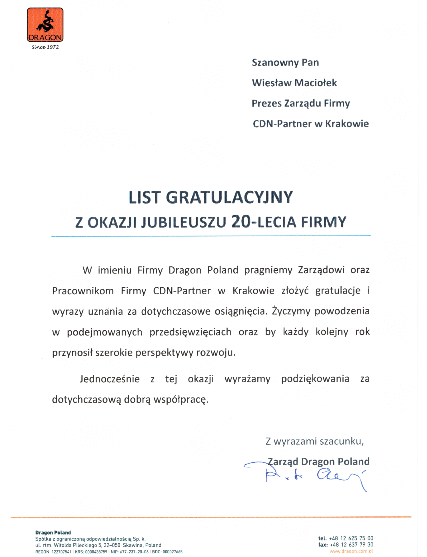 List gratulacyjny z okazji jubileuszu 20-lecia firmy od Dragon Poland