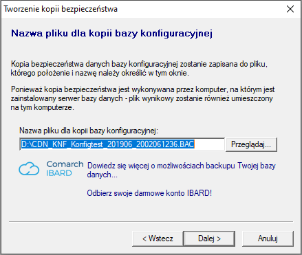 Nazwa pliku dla kopii bazy konfiguracyjnej 