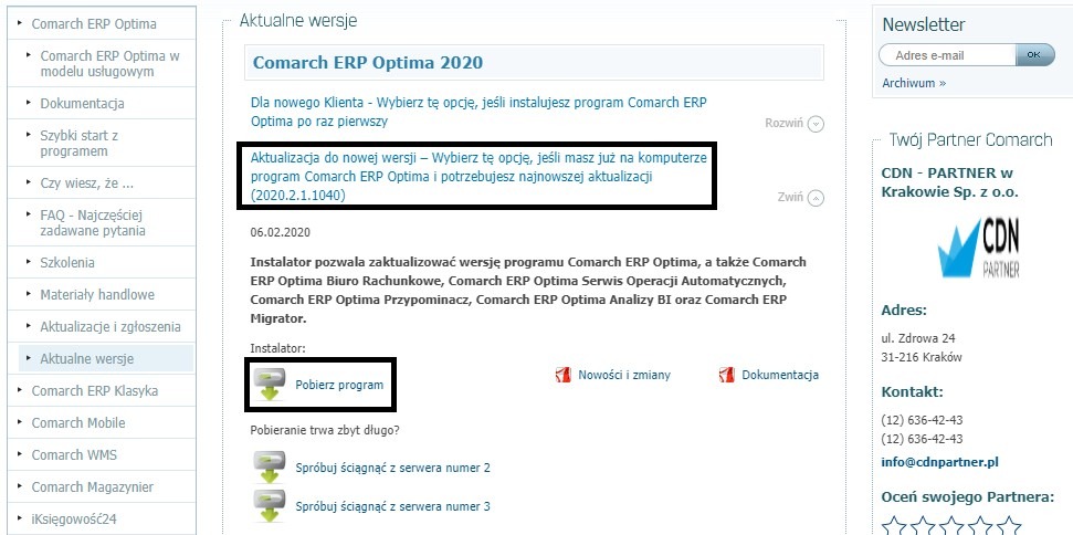 Pobieranie aktualizacji Comarch ERP Optima
