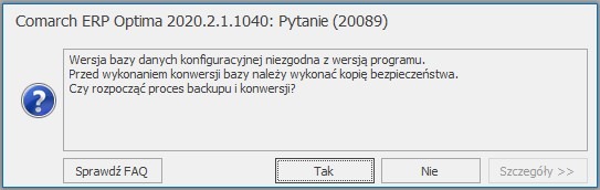 Wersja bazy danych konfiguracyjnej niezgodna z wersją programu