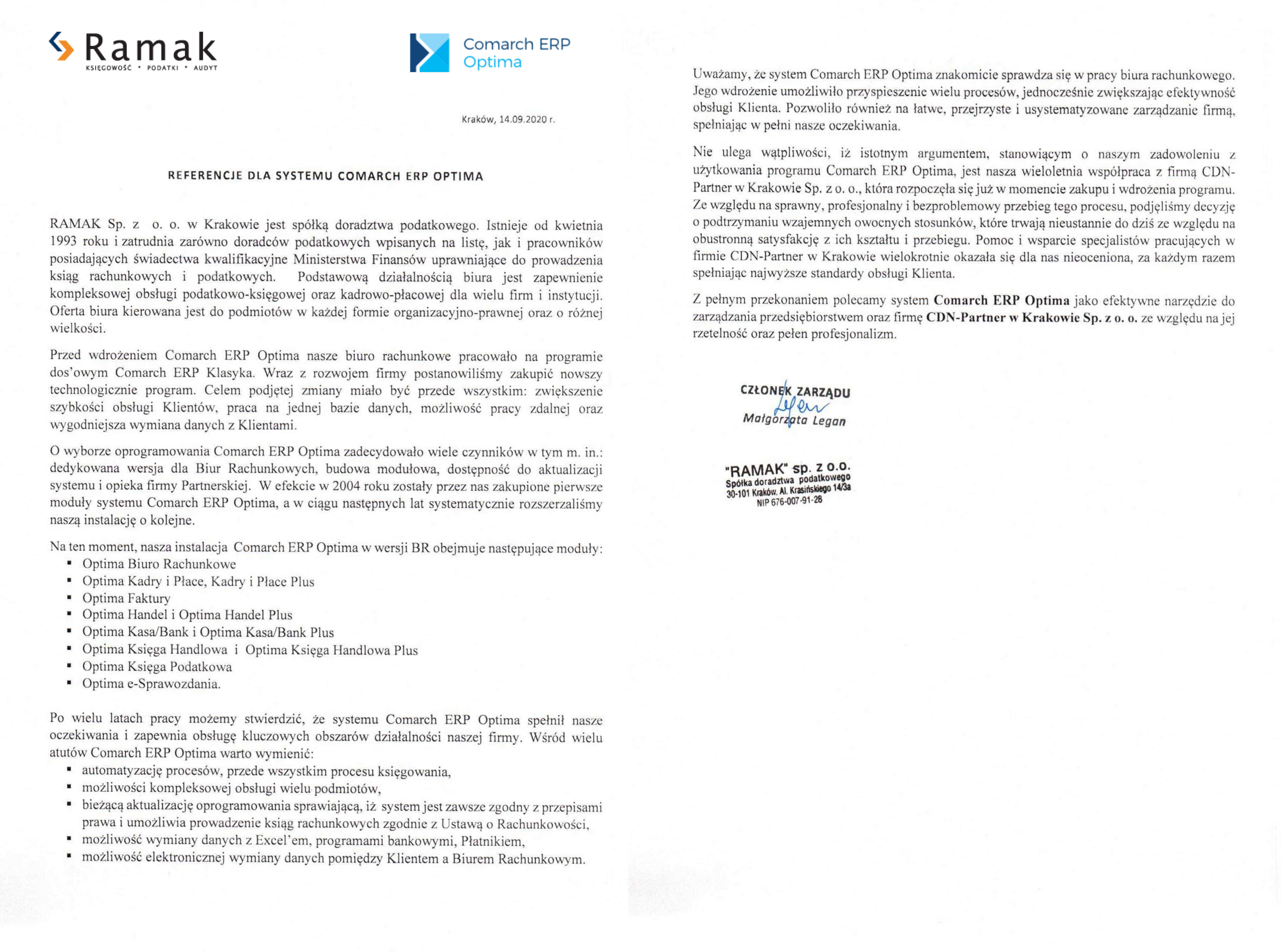 Ramak referencje dla programu Comarch ERP Optima oraz dla firmy wdrożeniowej CDN-Partner w Krakowie