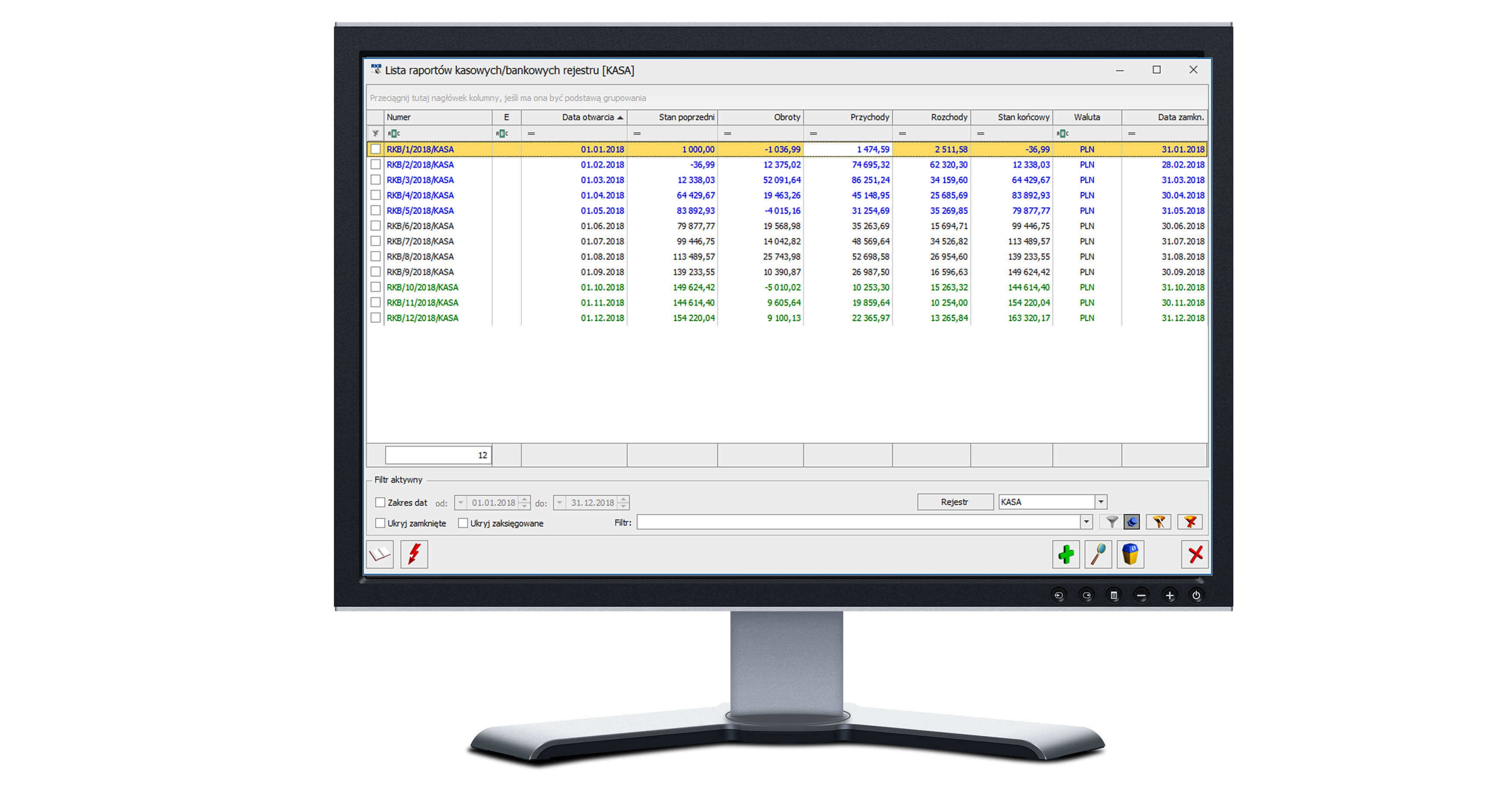 Lista raportów kasowychbankowych rejestru [KASA]