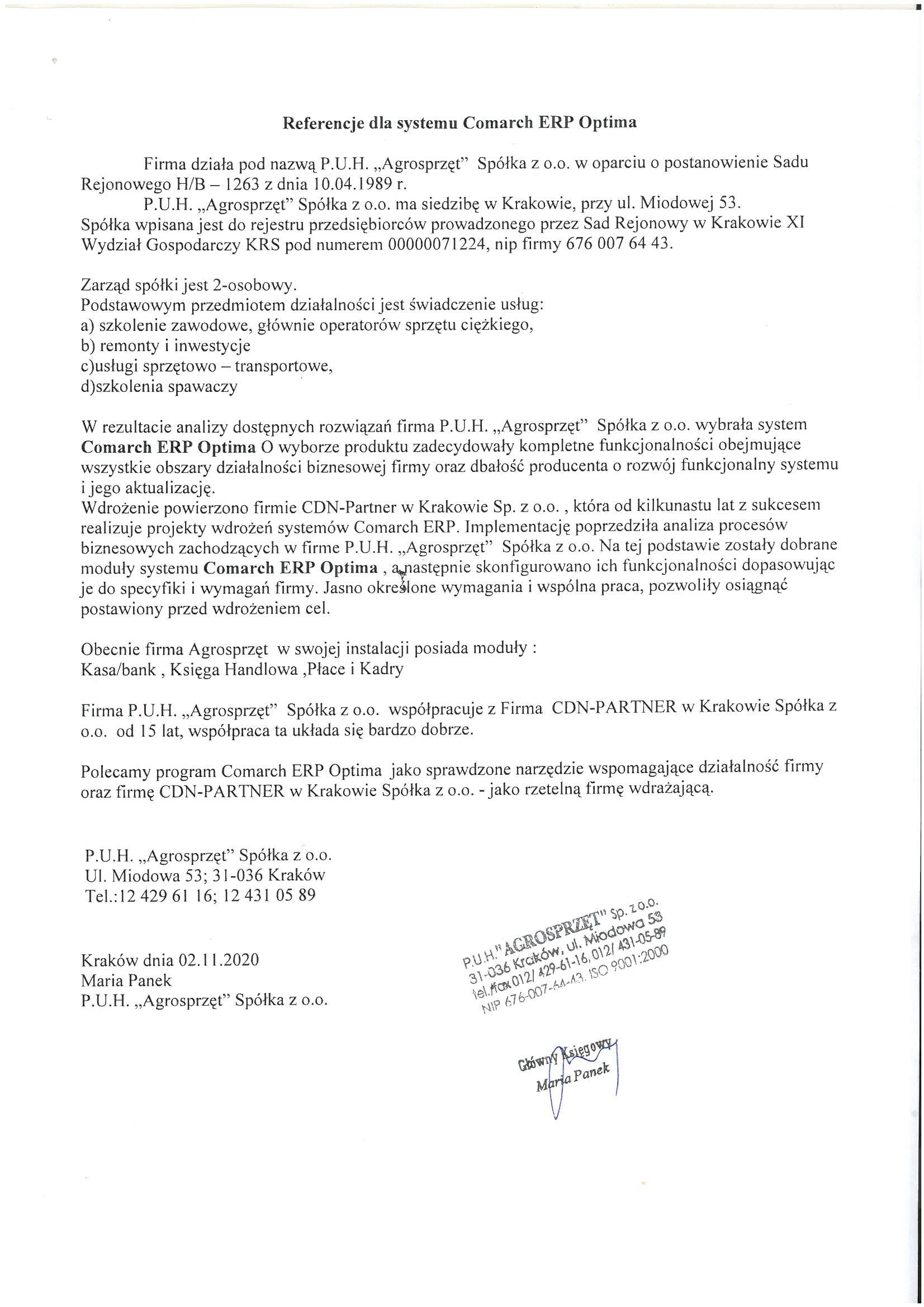 Referencje dla systemu Comarch ERP Optima i firmy CDN-Partner w Krakowie od firmy PUH Agrosprzęt
