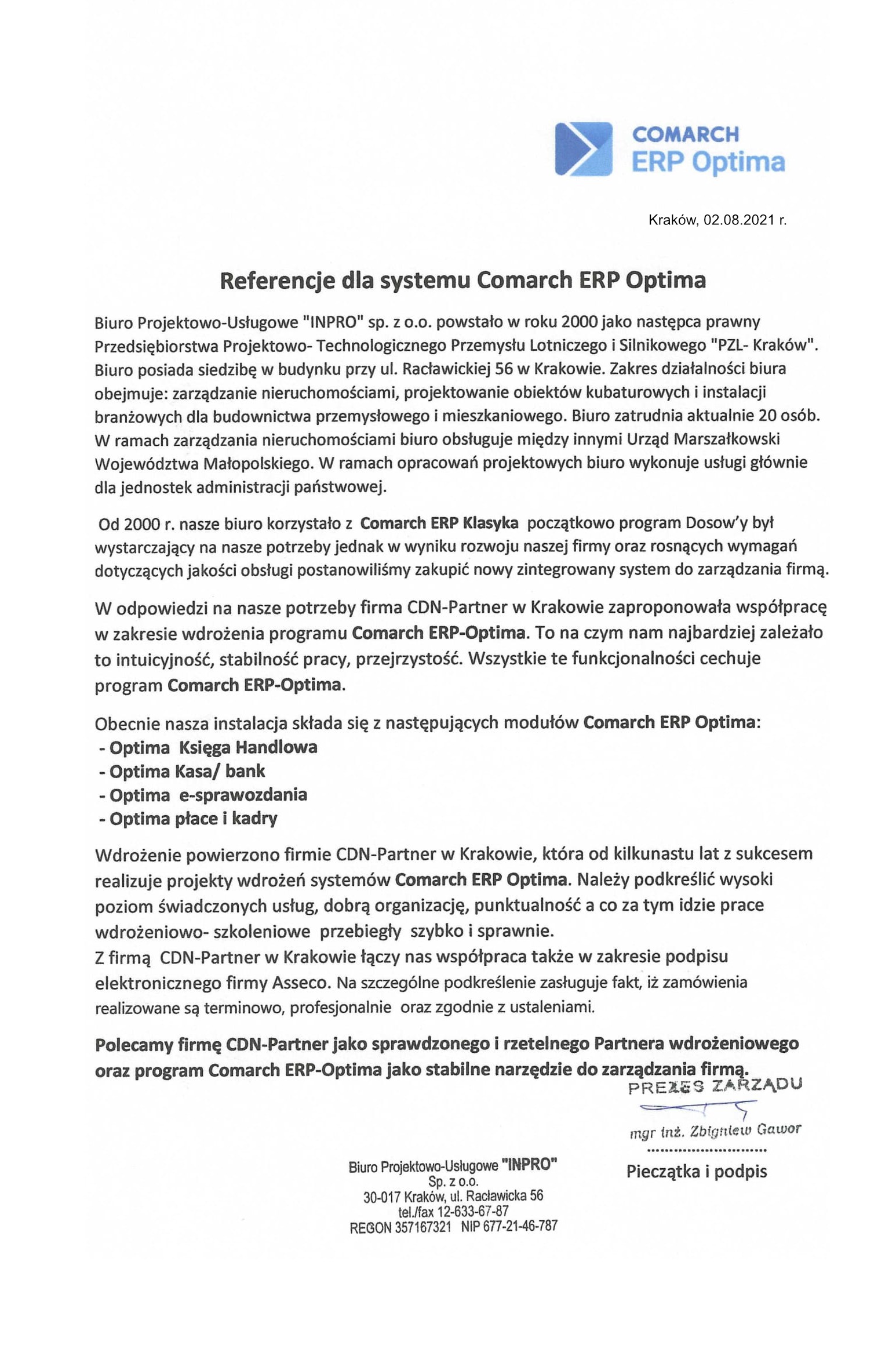 Referencje od Biuro Projektowo-Usługowe INPRO dla systemy Comarch ERP Optima