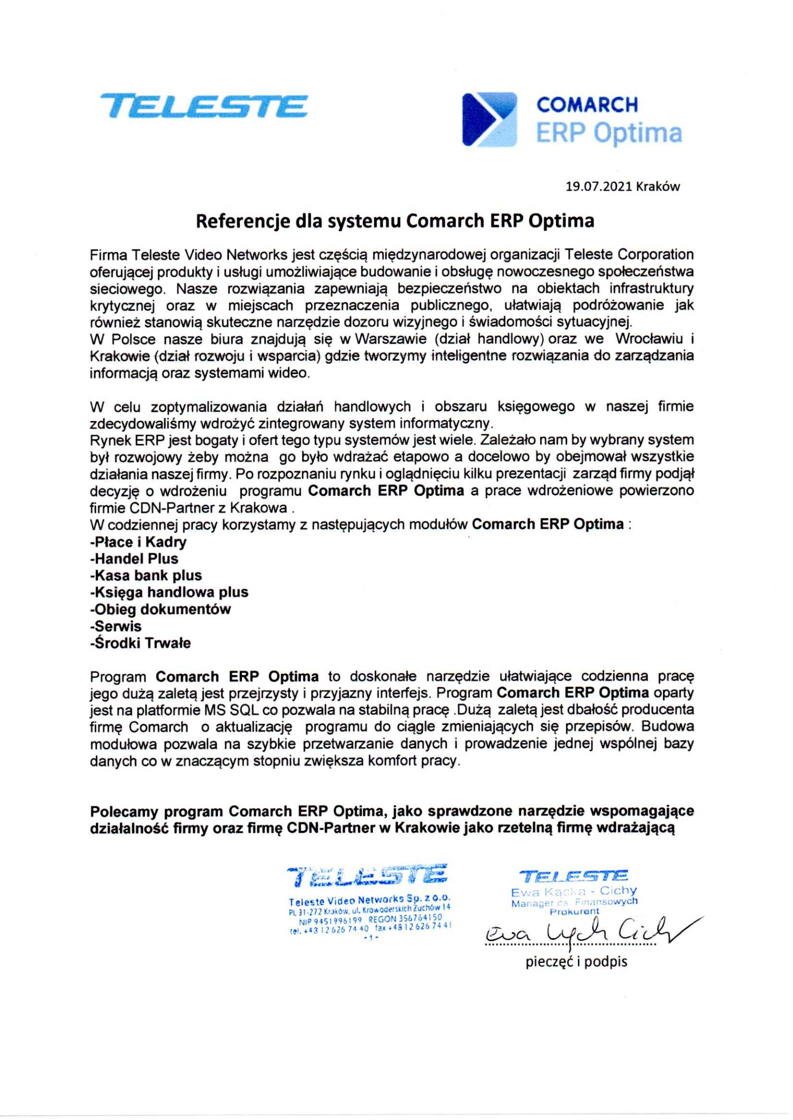 Referencje od Teleste dla systemu Comarch ERP Optima