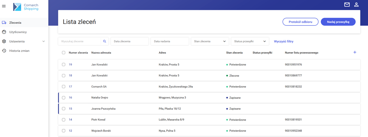 Comarch Shipping lista zleceń